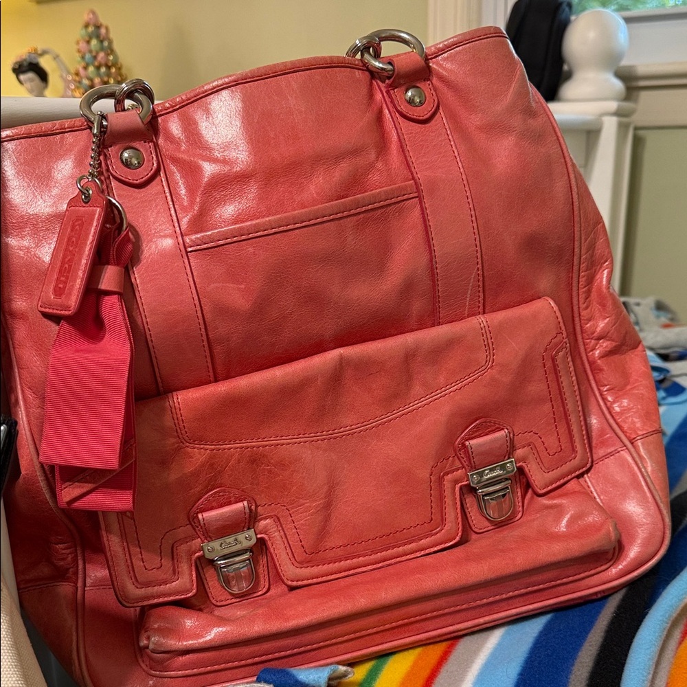 Coach Pink Leather Tote Bag with Front Pocket